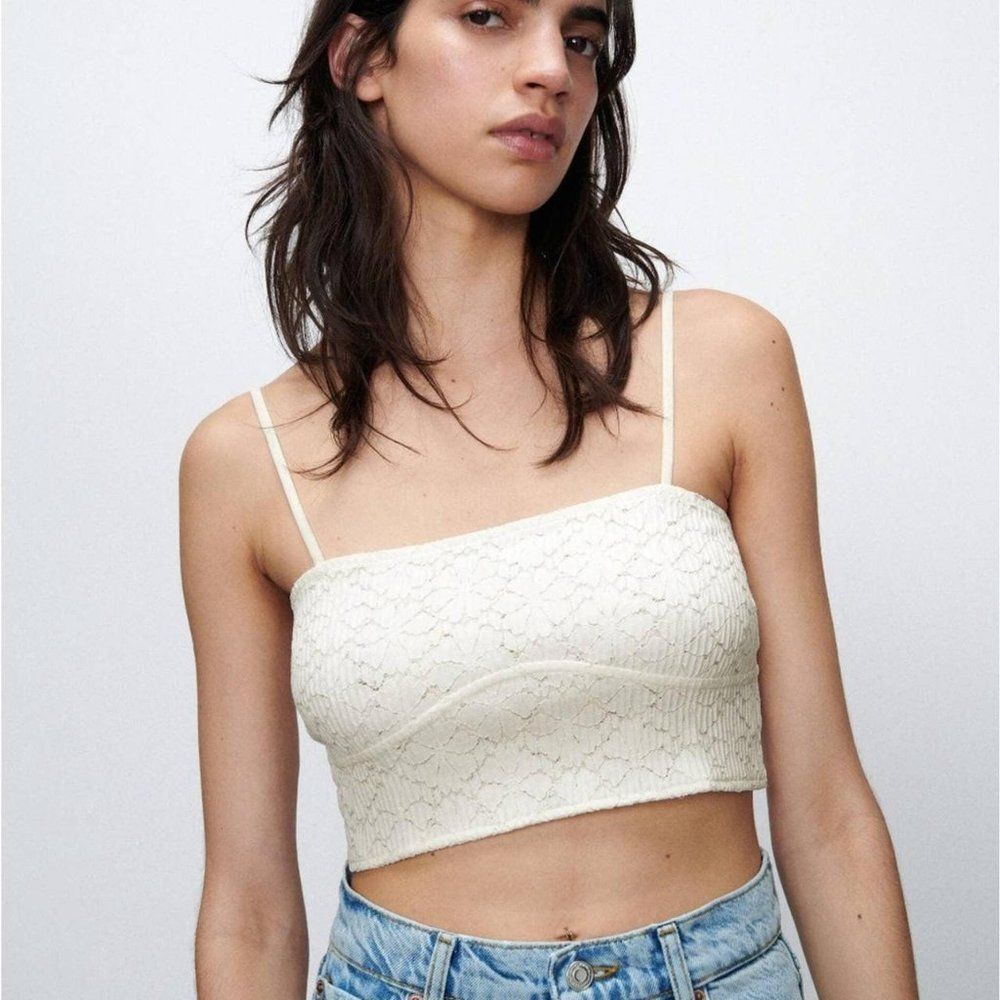 Zara Women's White Laced Crop Top w/Adjustable Straps Size Small - NEW